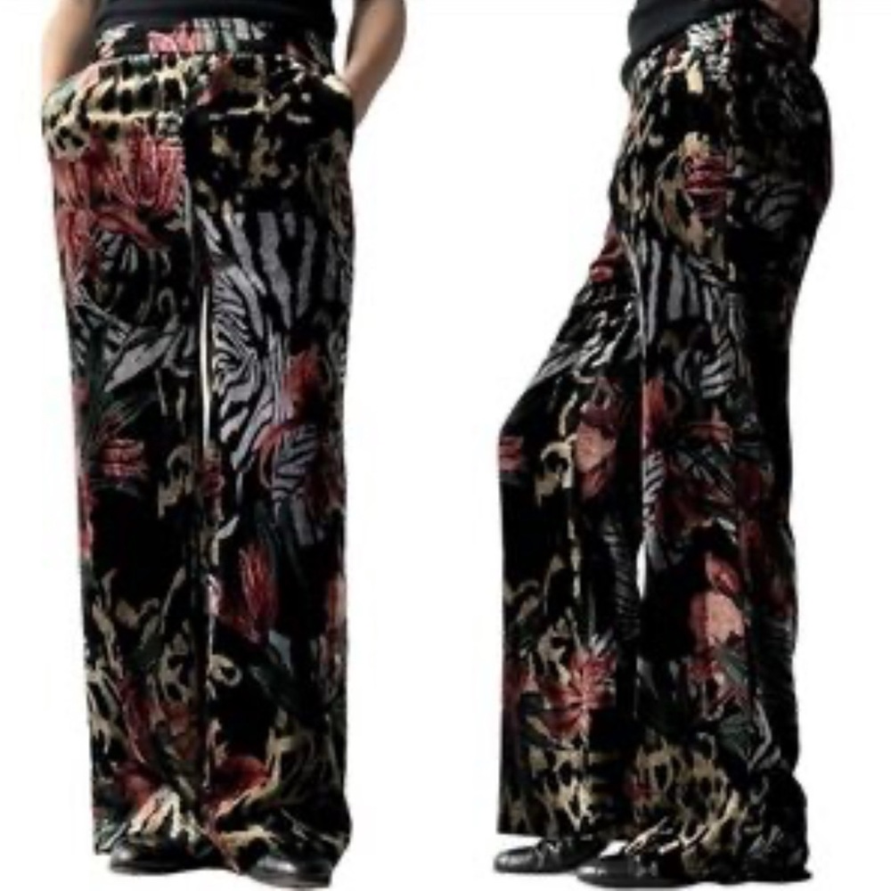 Chico’s Velvet Floral and Animal Print Wide-Leg Pants size 10
